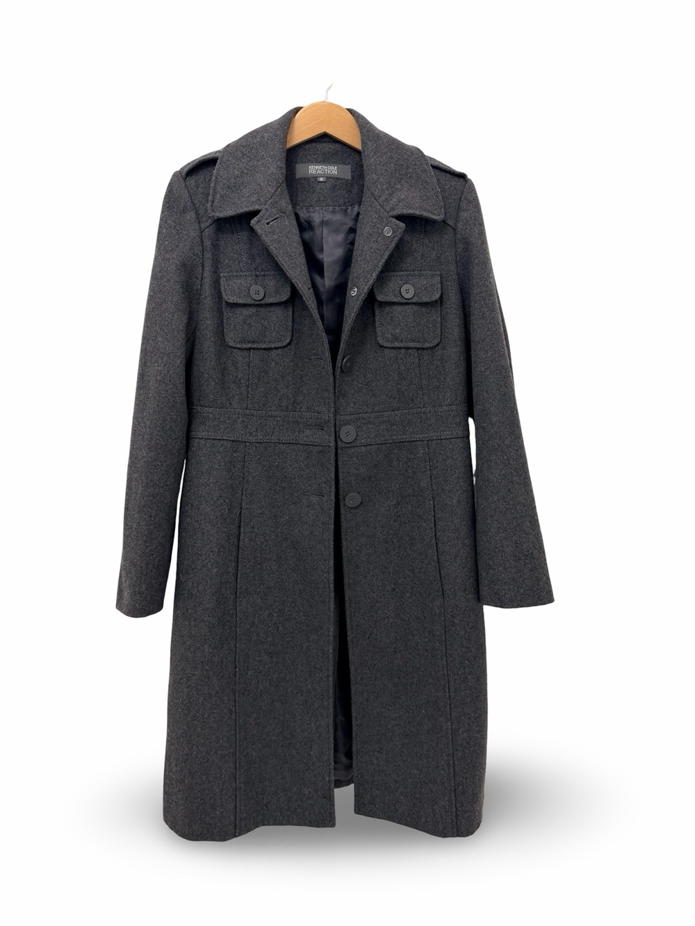 Kenneth Cole Reaction Charcoal Gray Wool Blend Trench Coat Size 8
